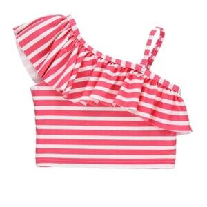 RuffleButts Girls One Shoulder Ruffle Tankini-Hot Pink Stripe 2T